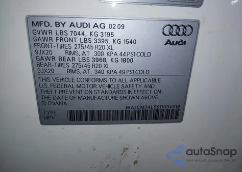 2009 Audi Q7 3.0 Tdi z USA, uszkodzony, nr VIN WA1CM74L59D034319
